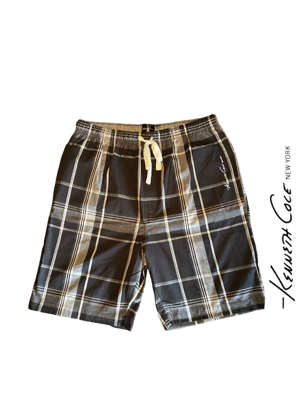 Kenneth Cole Black/Grey + White Plaid Drawstring Lounge Shorts - NWOT